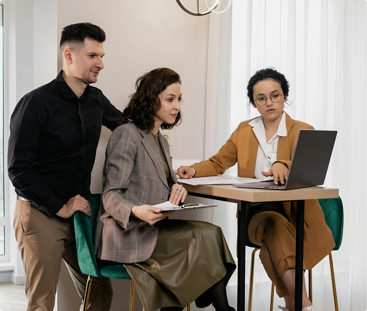 Corporate consultant presenting business strategy to clients in office meeting
